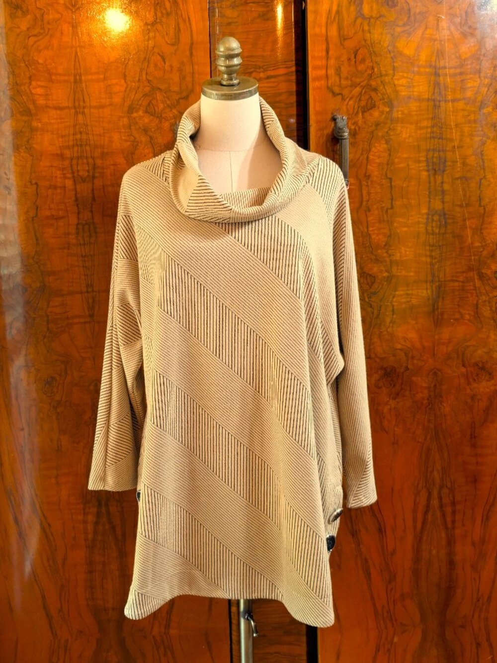 Ali Miles Dark Brown Cowl Neck Tunic Sweater Size XL Geometric Lined Cozy